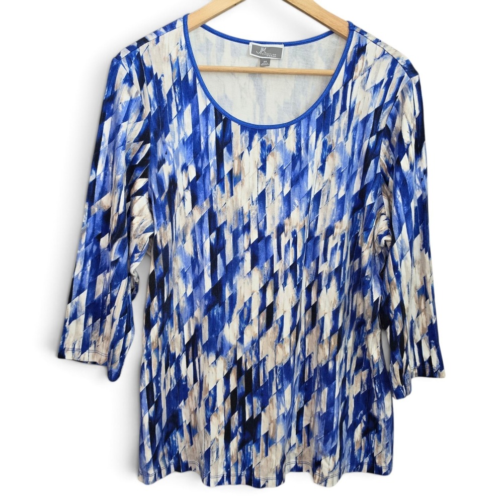 JM Collection Woman Top 2X Blue Geometric Abstract Scoop Neck 3/4 Sleeve Blouse